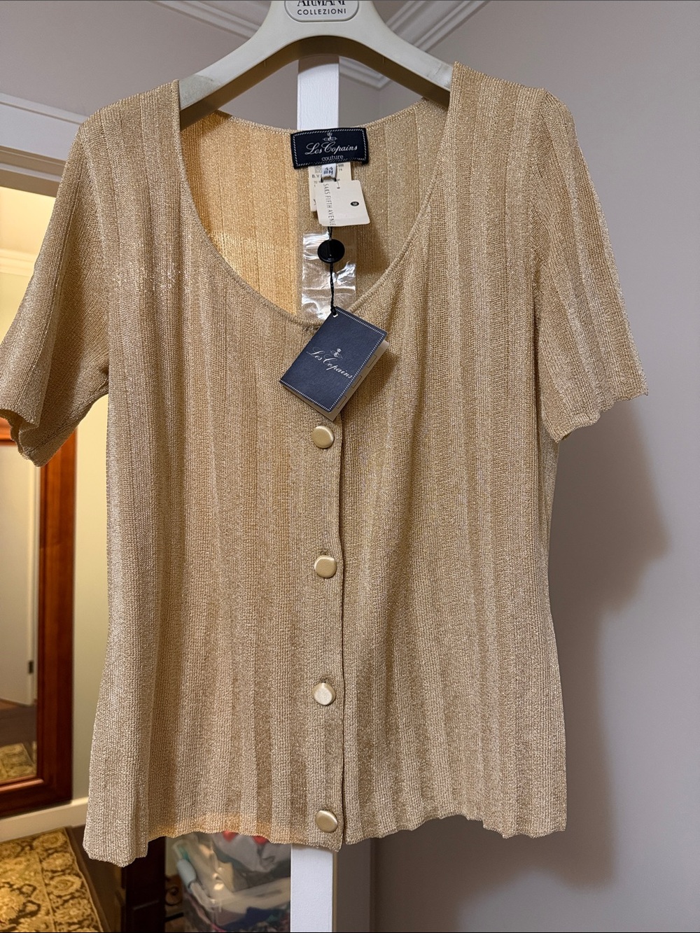 Shimmery Gold Short Sleeve Button Front Top size 44